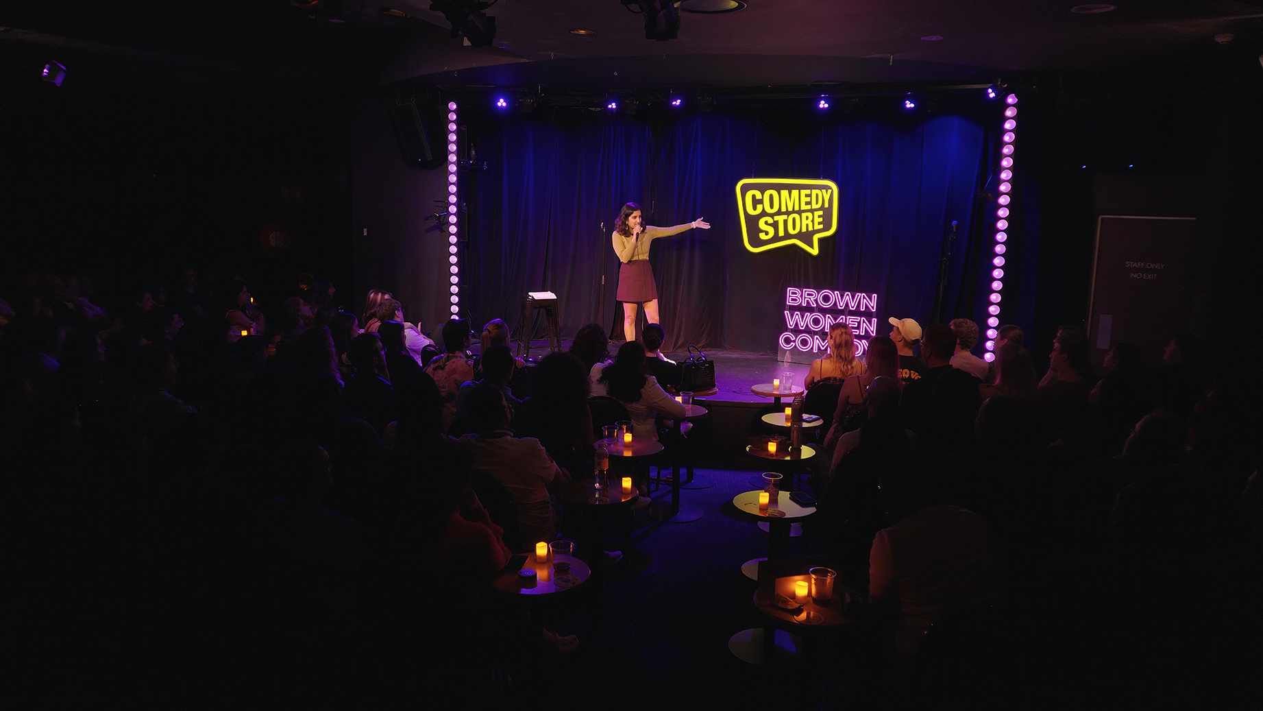 Daizy Maan onstage at the Comedy Store