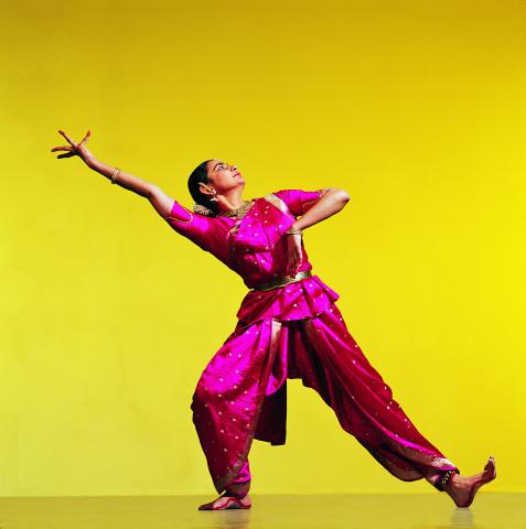 Traditional Indian dancer posing on yellow background